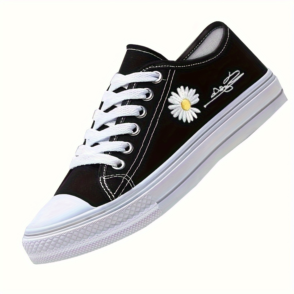womens daisy pattern canvas sneakers casual lace up low top flat skate shoes all match walking trainers details 0