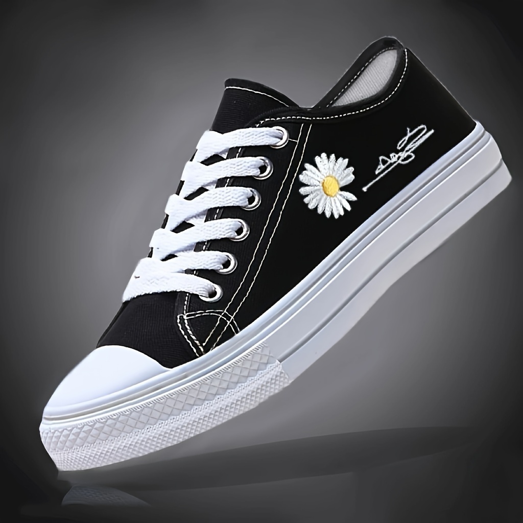 womens daisy pattern canvas sneakers casual lace up low top flat skate shoes all match walking trainers details 2